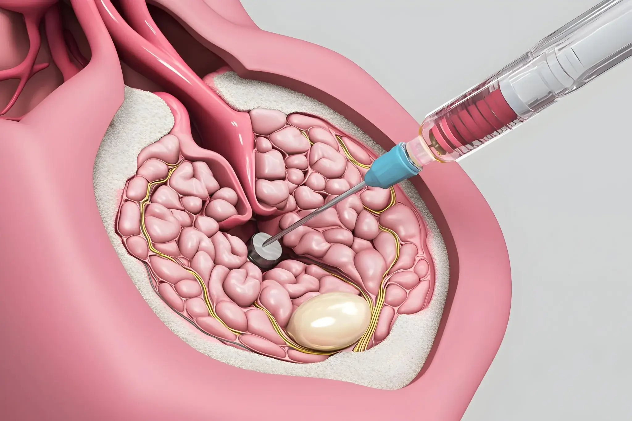 uterine fibroid embolization procedure diagram Illustration of uterine fibroid embolization procedure showing catheter delivering particles to block blood flow to fibroids